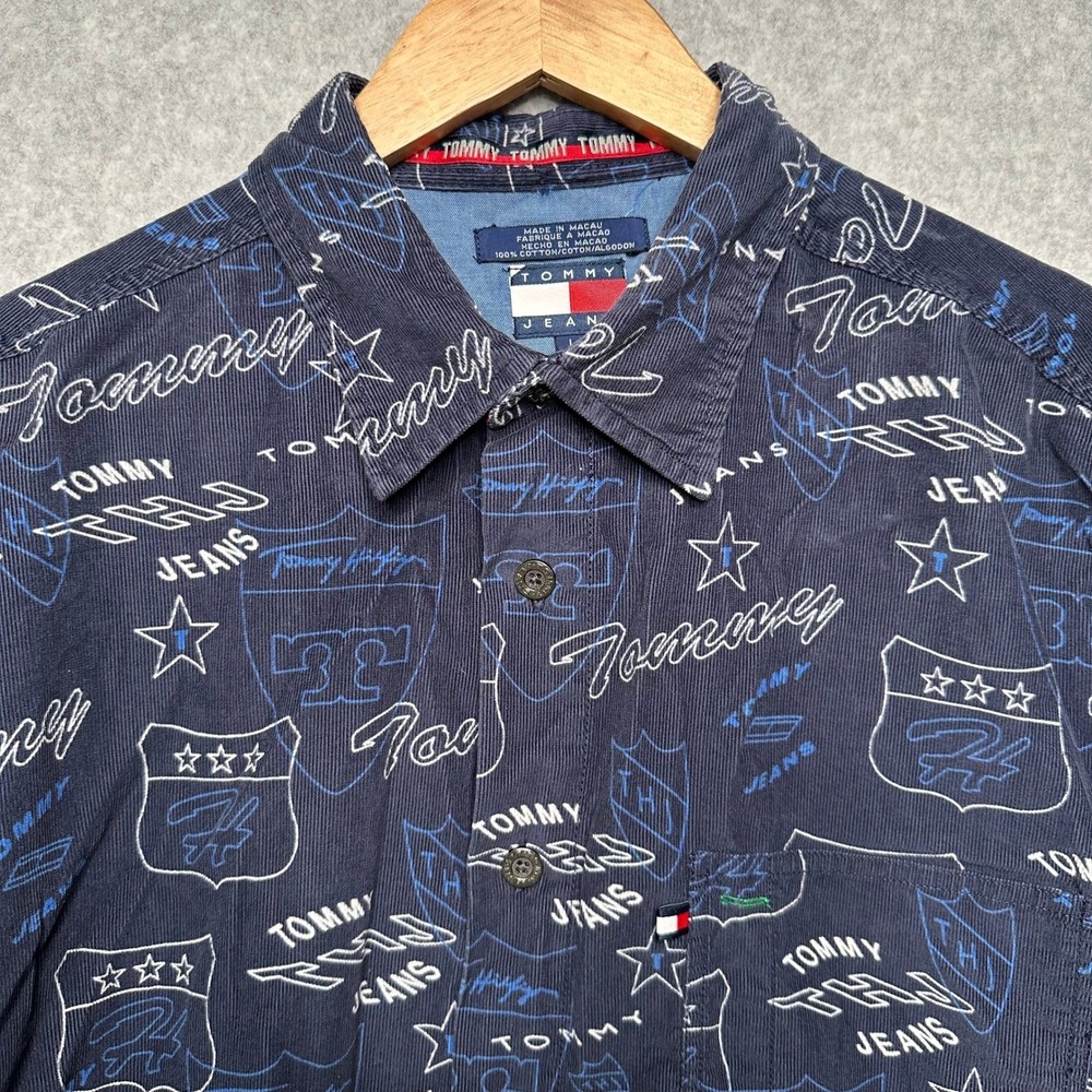 VTG Y2K Tommy Hilfiger Jeans Mens Corduroy All Over Logo Button Up Shirt Size L